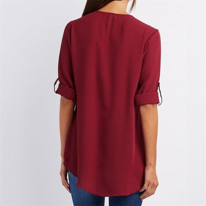 Camisa casual de mujer con cremallera y cuello en V