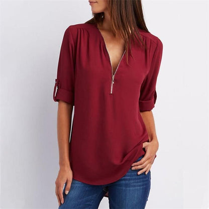 Camisa casual de mujer con cremallera y cuello en V