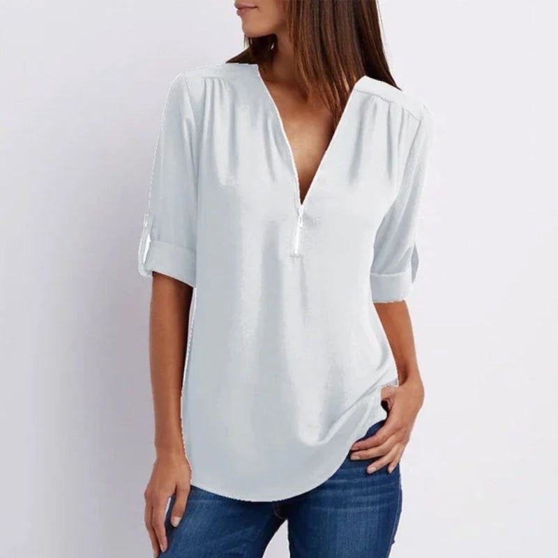 Camisa casual de mujer con cremallera y cuello en V