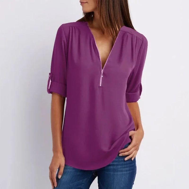 Camisa casual de mujer con cremallera y cuello en V