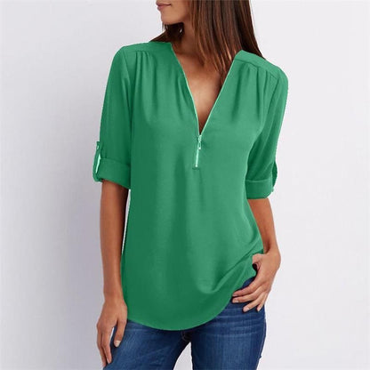 Camisa casual de mujer con cremallera y cuello en V