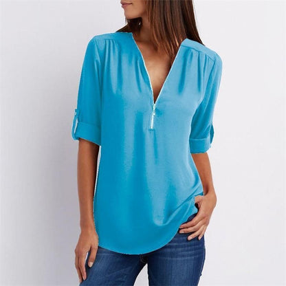 Camisa casual de mujer con cremallera y cuello en V