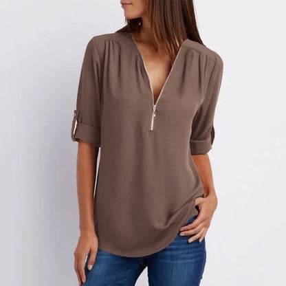 Camisa casual de mujer con cremallera y cuello en V