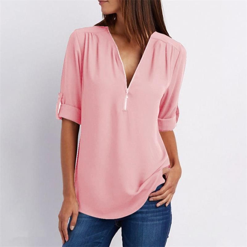 Camisa casual de mujer con cremallera y cuello en V