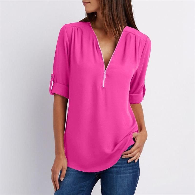 Camisa casual de mujer con cremallera y cuello en V