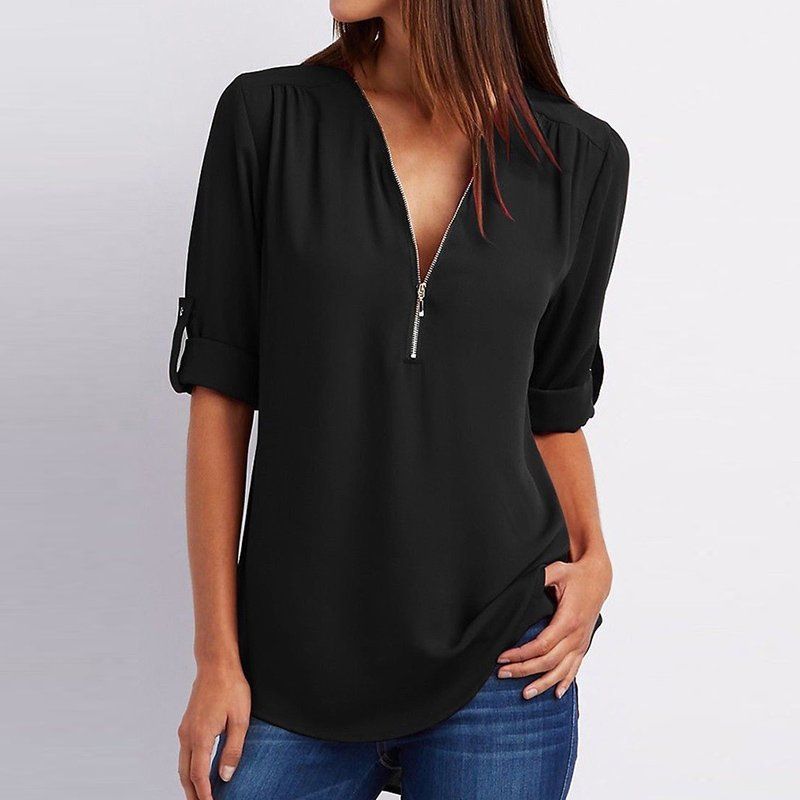 Camisa casual de mujer con cremallera y cuello en V