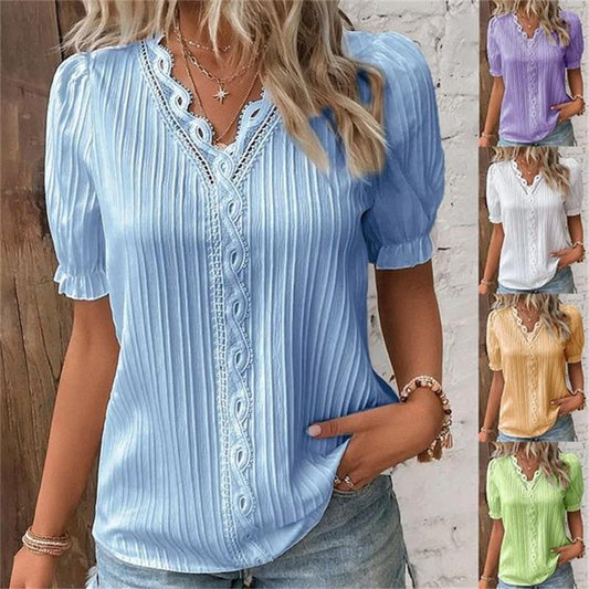 Cuello en V Encaje Liso Camisa Elegante - Compre 2 envío gratis