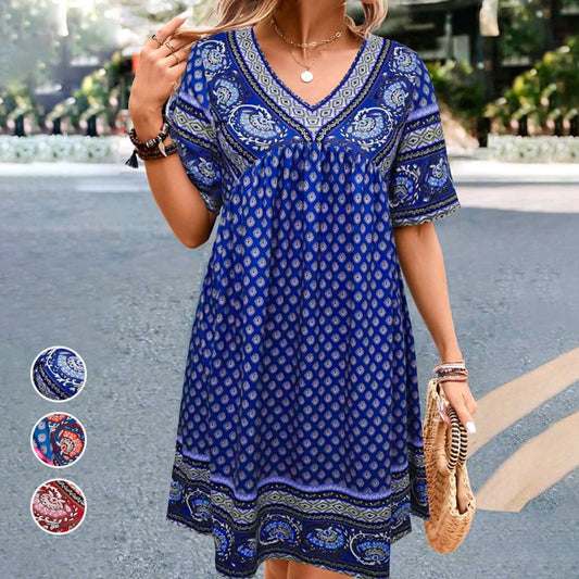 Vestido Casual de Verano para Mujer con Escote en V, Mangas Cortas y Estampado Bohemio